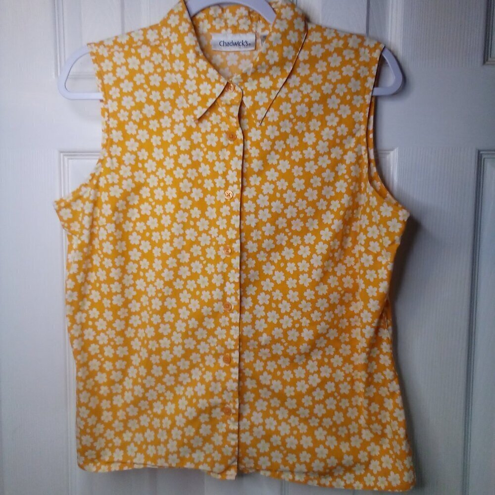 Chadwick's Blouse Women 14 Sleeveless Button Up Flowers Orange White